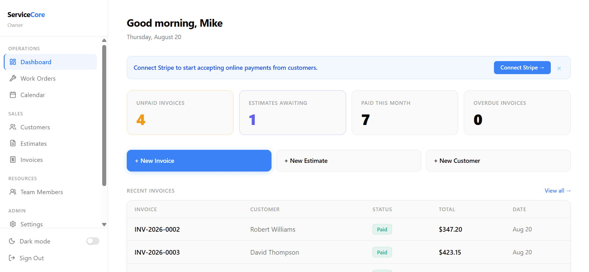 ServiceCore dashboard with revenue summary, open work orders, and recent activity